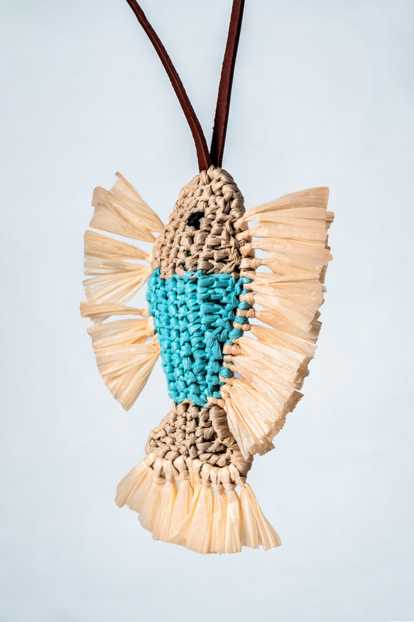 Turquoise fish raffia bag charm